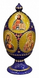 Деревянное изделие Яйцо с медом цветочным натуральным Три Лика Святых золото на синем
